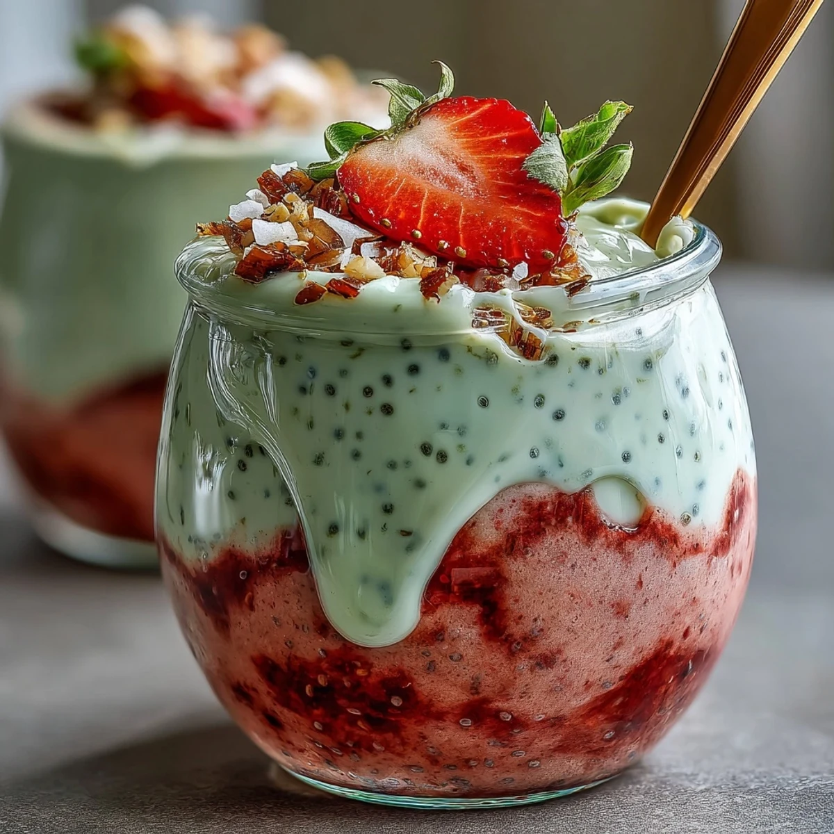 Vibrant layered chia pudding jars with creamy chia base, sweet strawberry puree, and delicate matcha yogurt—perfect for a healthy breakfast or snack.