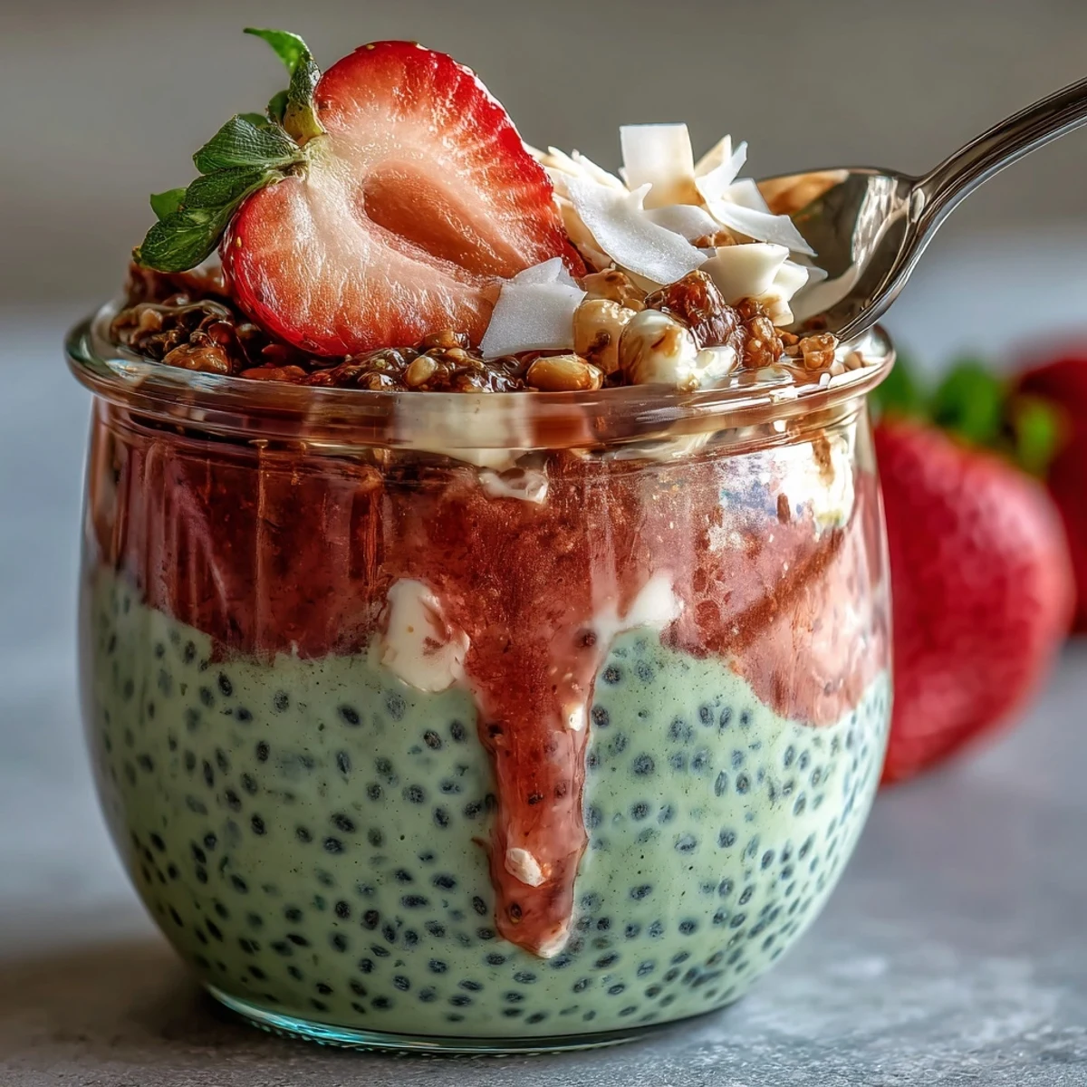 Beautifully layered strawberry matcha chia pudding jars topped with fresh strawberries and coconut flakes—a colorful, nutritious treat.