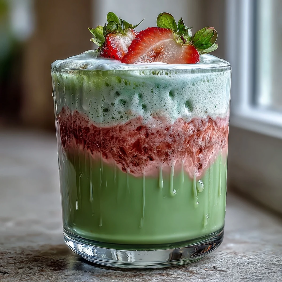 A creamy, layered strawberry matcha latte with vibrant pink strawberry puree and green matcha, topped with frothy oat milk foam.