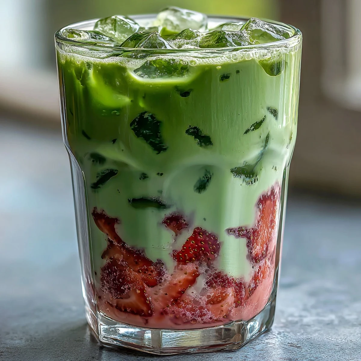 Beautiful dairy-free strawberry matcha latte with bright layers of strawberry, coconut milk, and green tea.