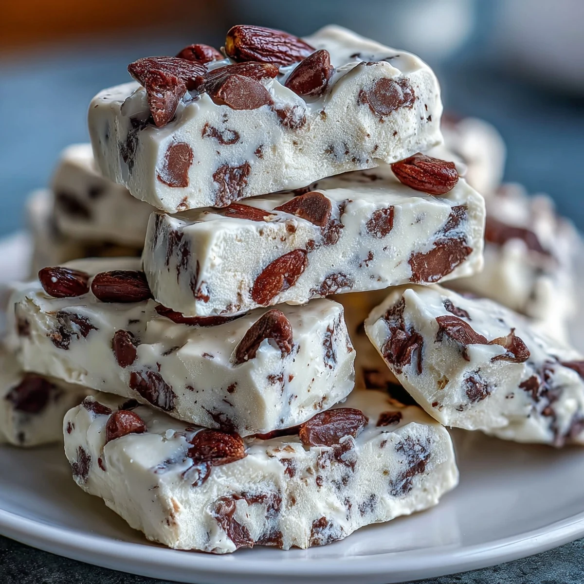 A tray of broken Greek yogurt bark pieces with chocolate chips, showcasing the frozen, creamy texture.