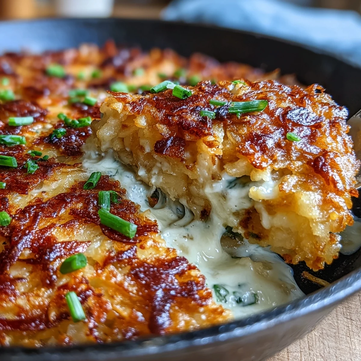 Funeral Potatoes and Ham Breakfast Skillet with crispy hash browns, melted cheese, and savory ham in a creamy sauce, topped with crunchy cornflakes.