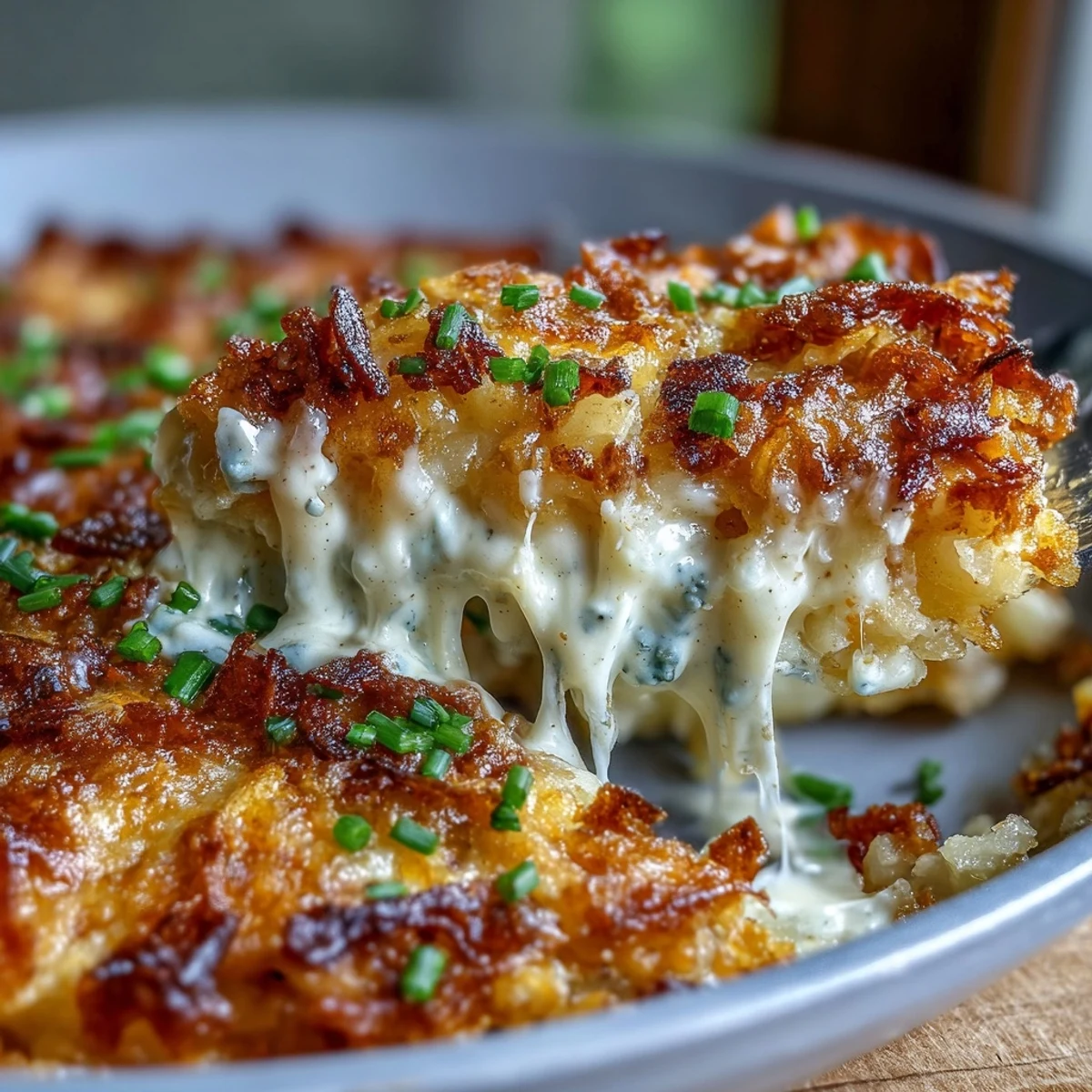 Warm Funeral Potatoes and Ham Breakfast Skillet served in an oven-proof pan, combining crispy potatoes, savory ham, and a crunchy topping for a hearty brunch.