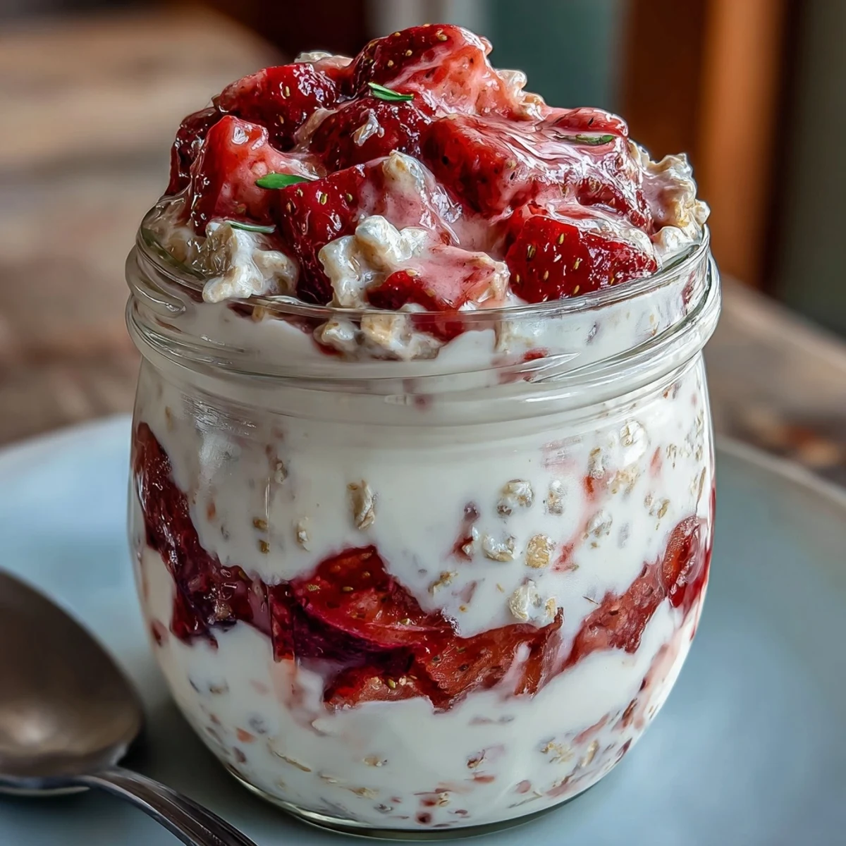 Protein-packed overnight oats with strawberries and vanilla, topped with chia seeds for a healthy and delicious breakfast.