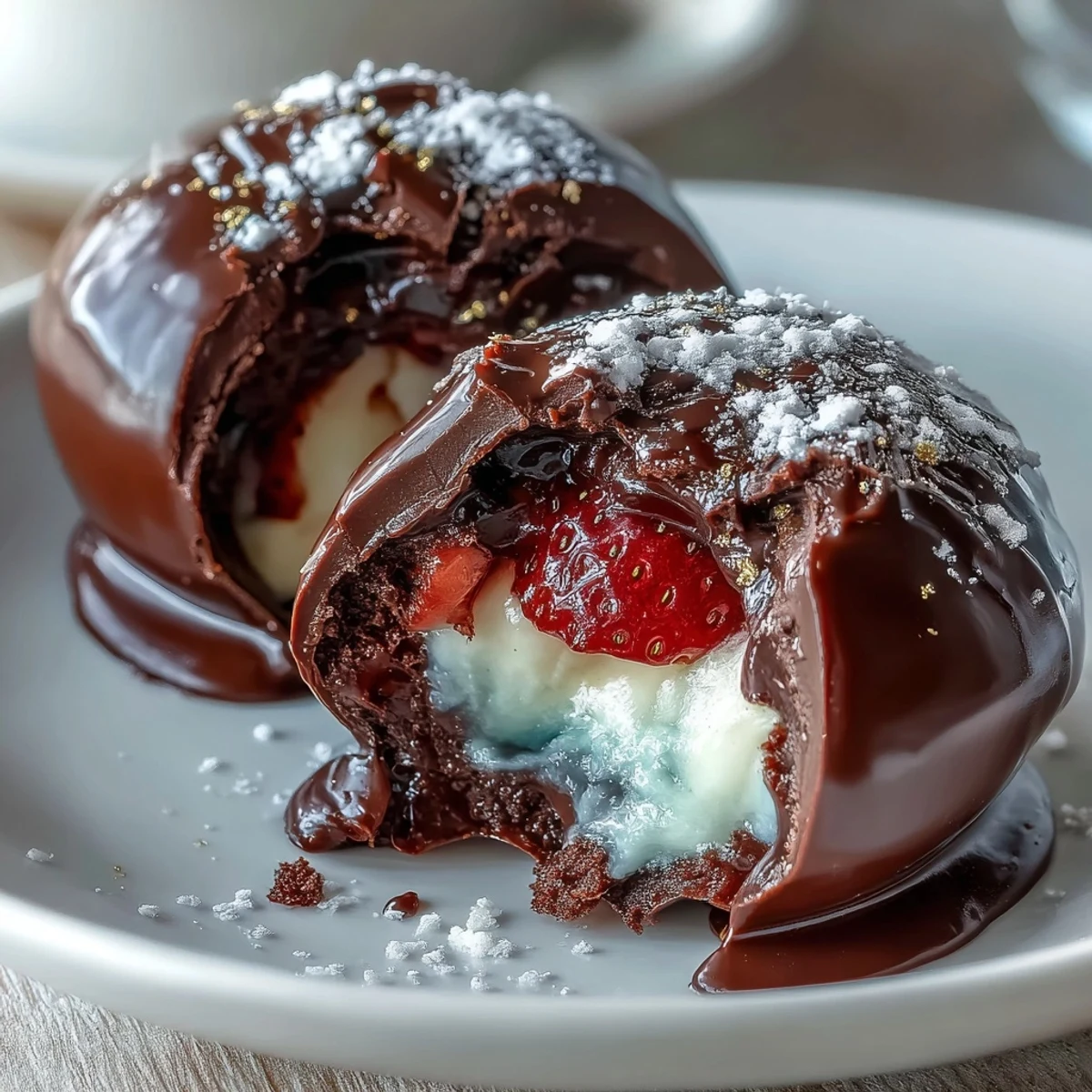 Decadent chocolate bombs with smooth cream filling and fresh strawberries, drizzled with white chocolate and edible gold leaf.