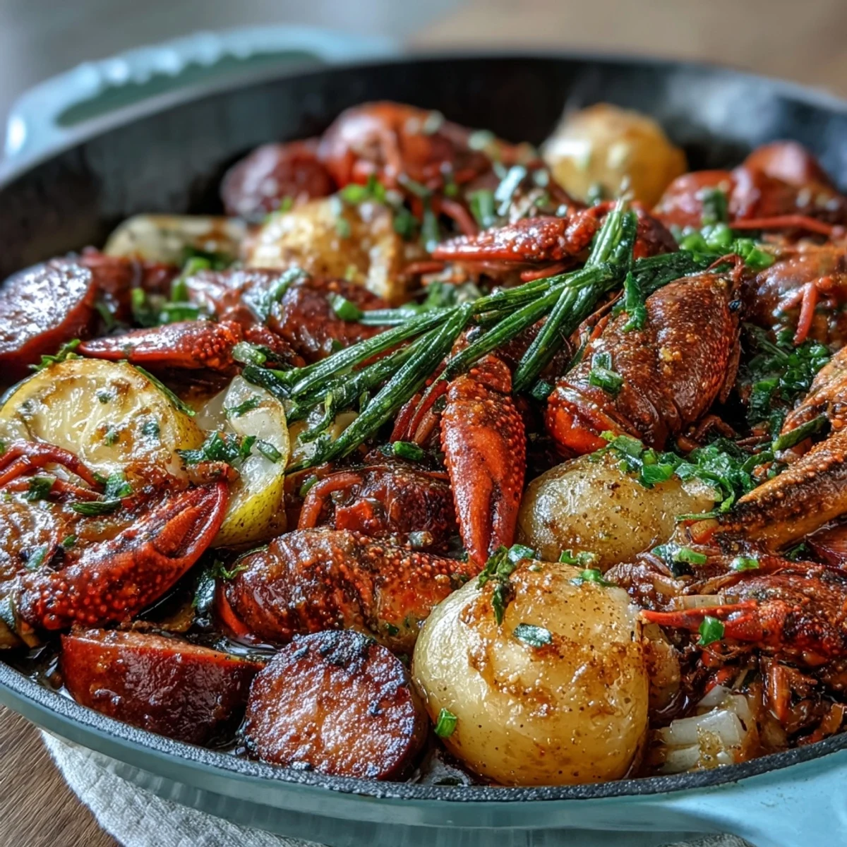 Golden roasted baby potatoes and red bell pepper mingle with spicy sausage and juicy crawfish on a single pan dinner.  