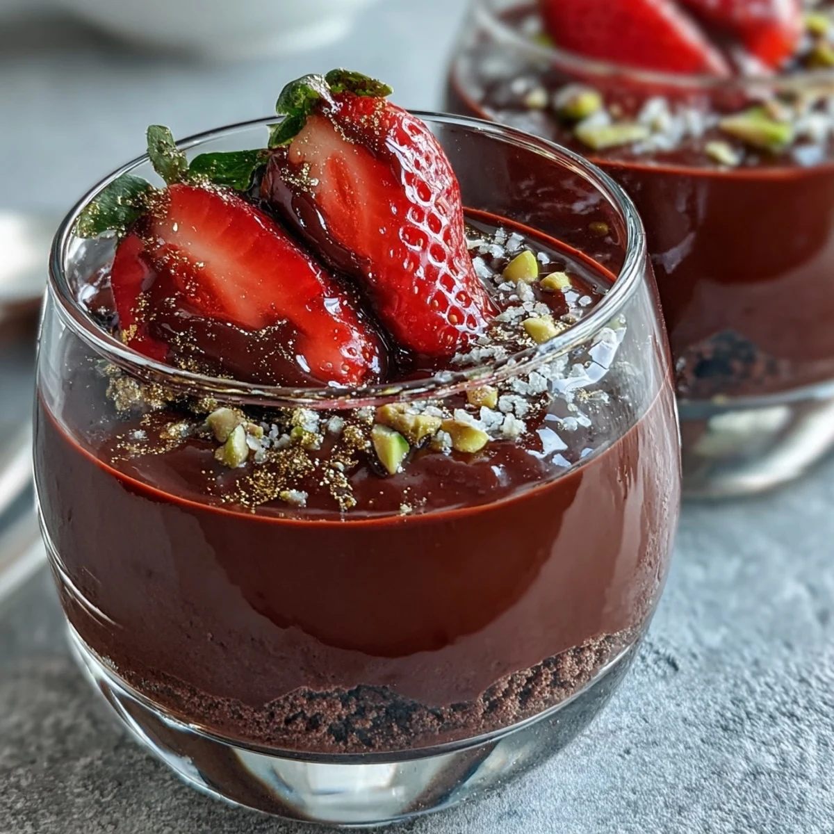 Easy Dubai Chocolate Strawberry Dessert Cups with layers of dark chocolate and fresh berries in elegant cups.