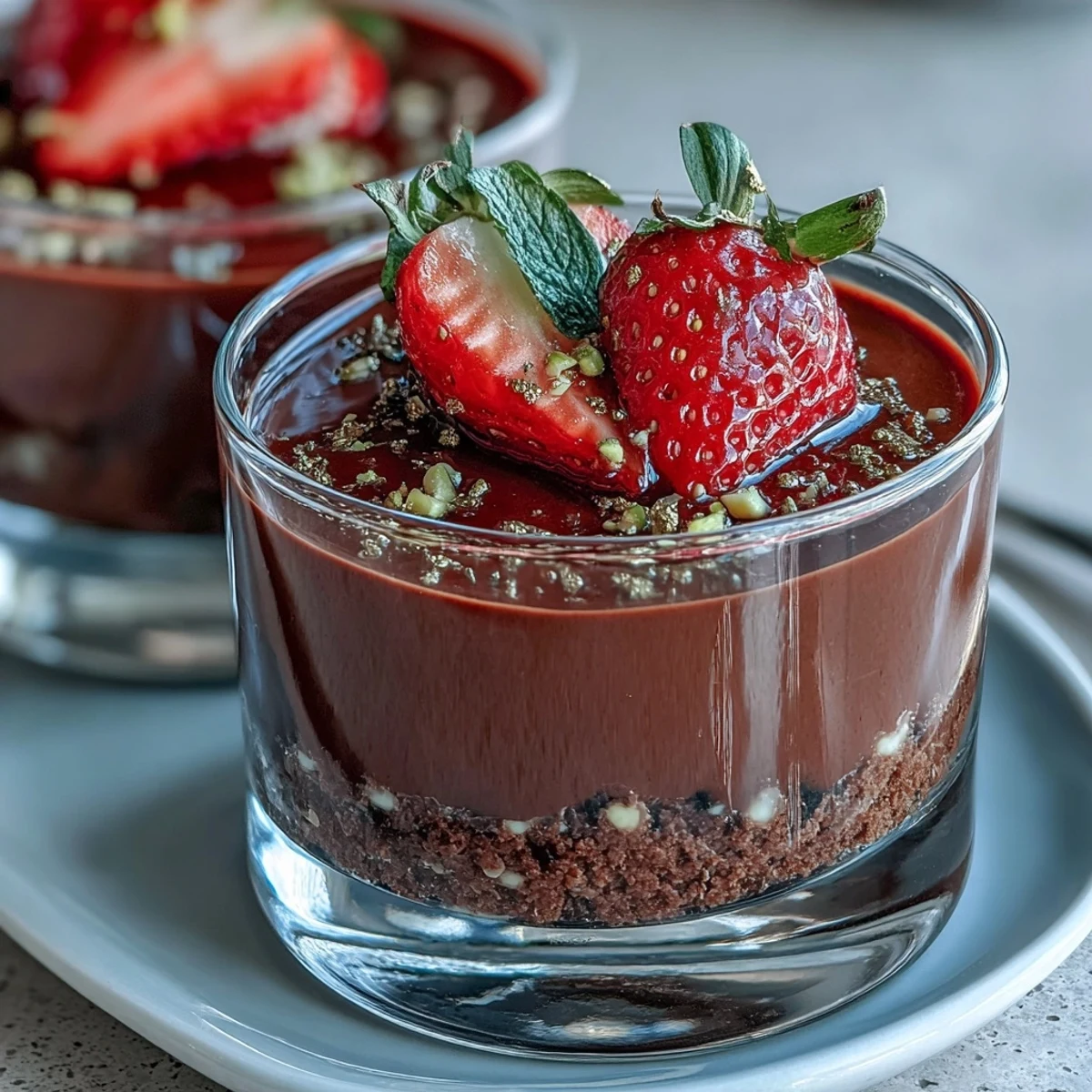 Decadent no-bake dessert cups featuring rich chocolate ganache, buttery biscuit base, and sweet macerated strawberries.
