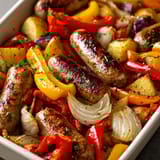 A dish of sausages and peppers cooked in a pan.