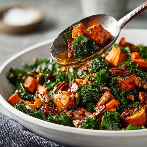 A spoon is being used to scoop up a warm sweet potato and kale salad.