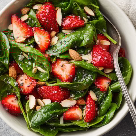 A bowl of spinach strawberry salad with poppy seed dressing.