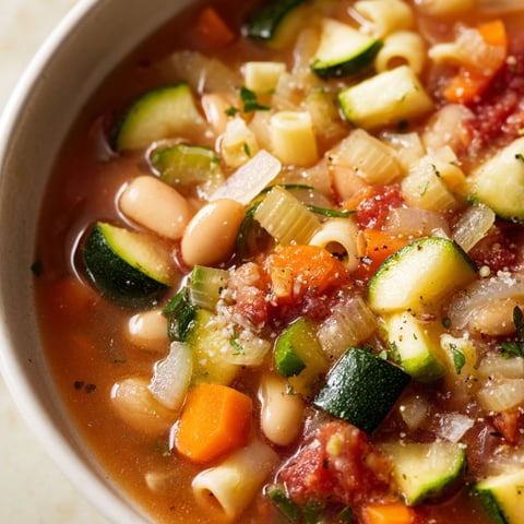 A bowl of soup with vegetables and pasta.