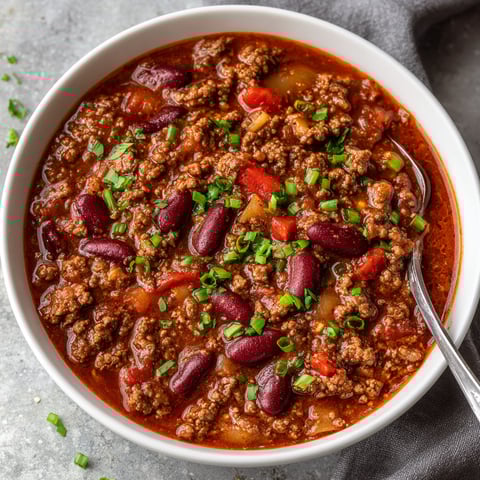 A bowl of beef chili with green onions.