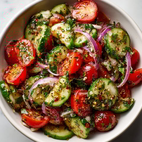 A bowl of vegetables including tomatoes, onions, cucumbers, and peppers.