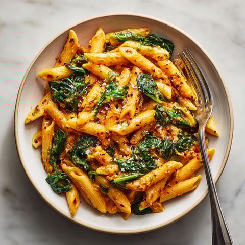 A bowl of pasta with spinach and tomato sauce.