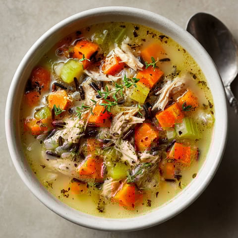 A bowl of soup with chicken, carrots, and herbs.