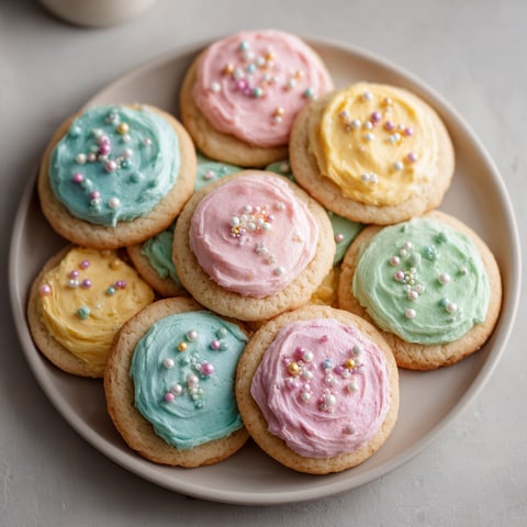 A plate of colorful pastel sugar cookies.