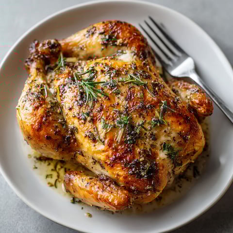 A plate of chicken with herbs on it.
