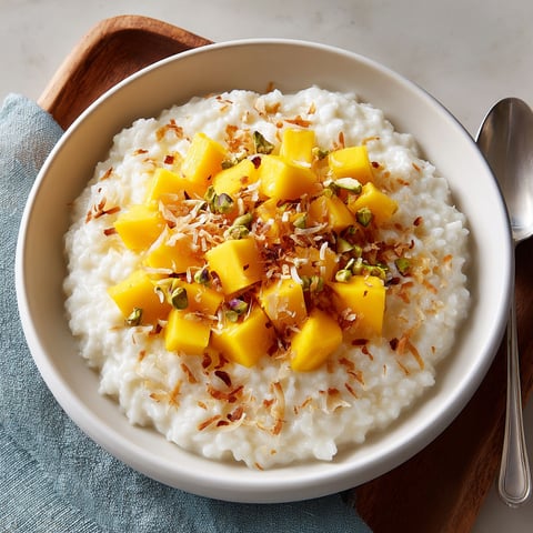 A bowl of rice pudding with mango and coconut toppings.