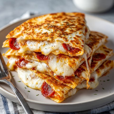 A plate of melted cheese and pepperoni quesadillas.