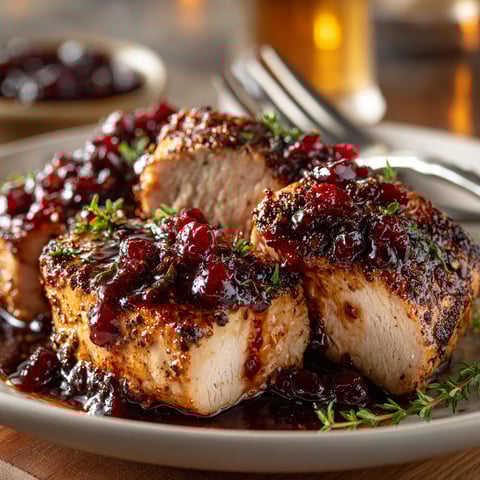 A plate of pork with cherries on top.