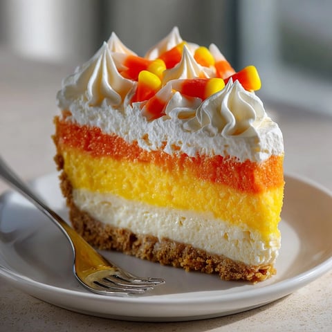 Candy Corn Cheesecake with vibrant tri-color layers, a perfect Halloween cream cheese dessert.