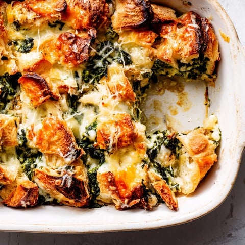 Golden Ricotta Spinach Croissant Bake, bubbly and warm from the oven, ready for brunch.