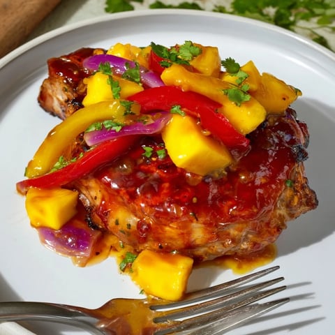 Tender Mango BBQ Pork Chop Bake with vibrant vegetables just out of the oven.  