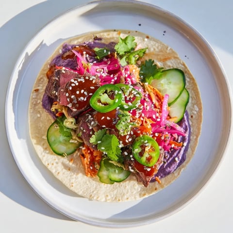 Vibrant Global Street-Food Fusion Tacos topped with colorful kimchi and ube crema.