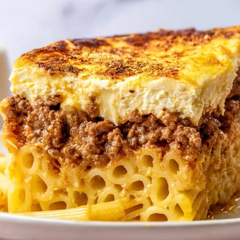A delicious Greek pastitsio casserole with layers of pasta and savory beef sauce.  