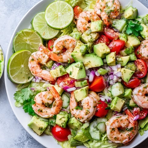 Refreshing avocado lime shrimp salad with colorful veggies and zesty dressing.  