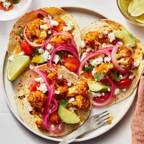 Crispy roasted cauliflower and tangy feta cheese in delicious vegetarian tacos.