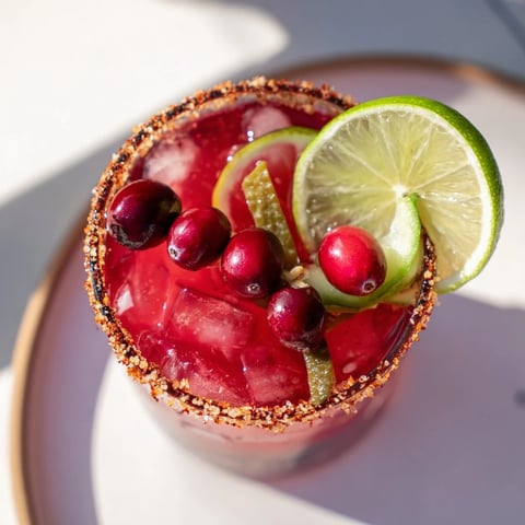 A beautifully garnished DIY Cranberry-Pickle Margarita, ready to serve with a spiced salt rim.