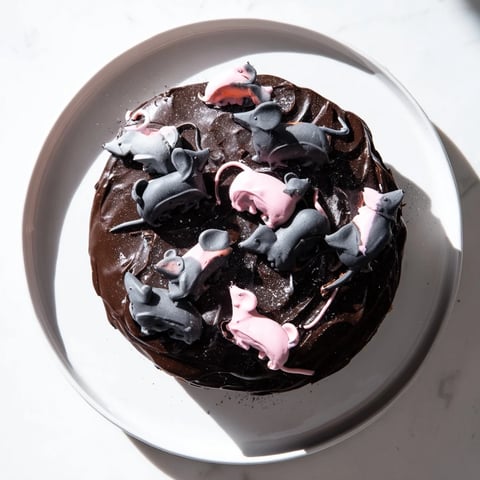 Moist Rat Cake with whipped chocolate ganache, adorned with playful marzipan rat decorations.