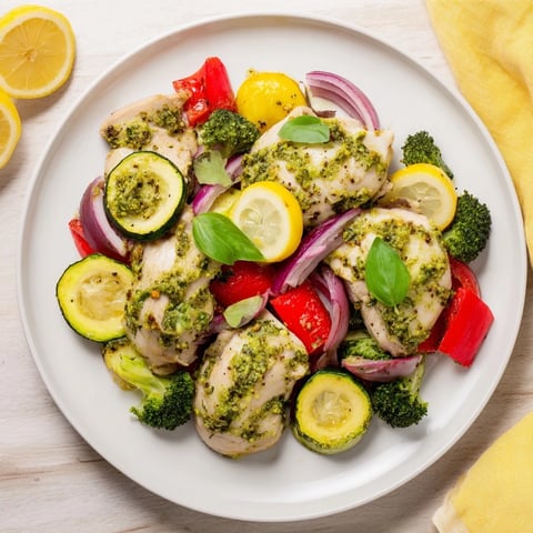 Golden roasted vegetables and juicy Quick Lemon Pesto Chicken sheet pan dinner await your taste.