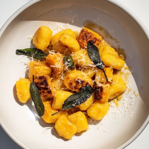 Golden Rustic Butternut Squash & Sage Brown Butter Gnocchi dish with a nutty aroma.
