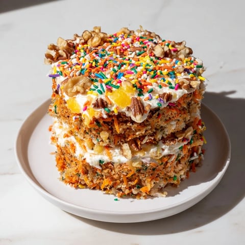 A slice of Silly Carrot Cake with whimsical cream cheese frosting, ready to be enjoyed.