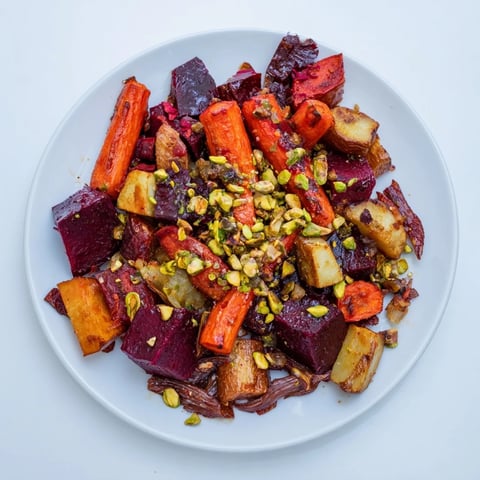 Roasted Balsamic Glazed Root Vegetables, glistening with glaze and sprinkled with crunchy pistachios.