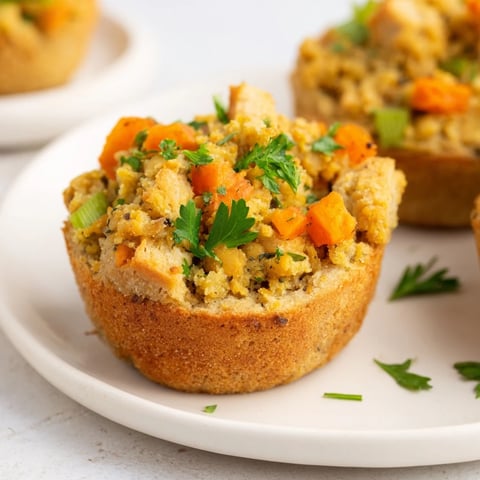 Golden brown Vegan Chickpea Stuffing Muffins, perfect for a cozy plant-based holiday meal side.