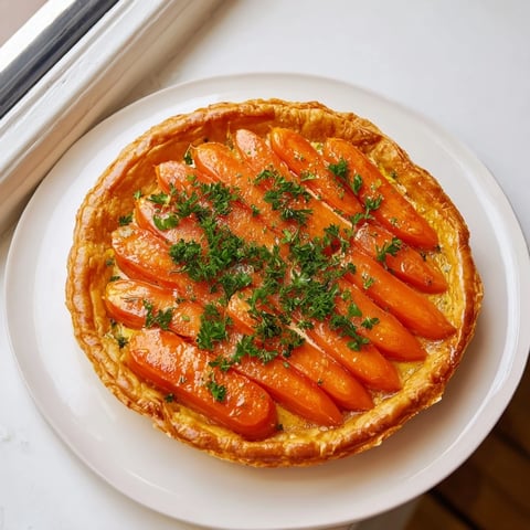 Golden-crusted Maple Miso Carrot Tart, filled with vibrant roasted carrots and creamy goat cheese.
