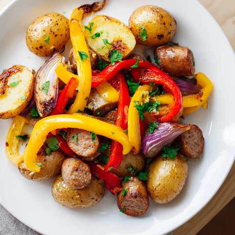 Sheet-Pan Sausage with Peppers and Onions, the vibrant roasted meal ready for dinner.