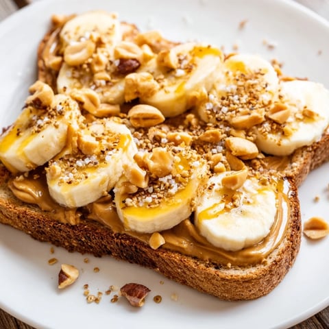 Glistening peanut butter and banana sandwich upgrade, toasted bread topped with crunchy peanuts and granola.