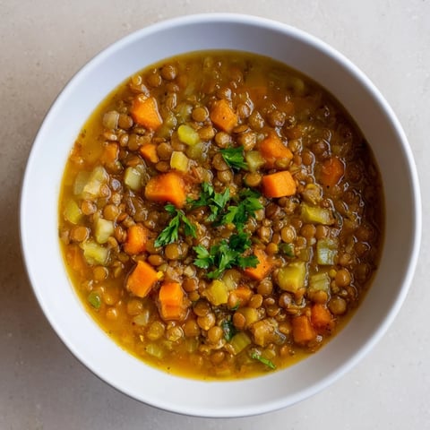 Steaming bowl of Lentil Soup with carrots and celery, garnished with fresh herbs, ready to serve.