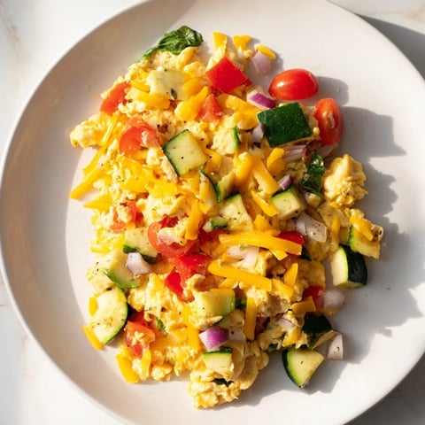 Egg & Veggie Sheet Pan Scramble: Fluffy eggs and roasted vegetables mingle in this easy breakfast dish.