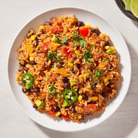 Steaming One-Pot Mexican Rice & Beans, a flavorful vegetarian meal with fresh cilantro garnish and lime.