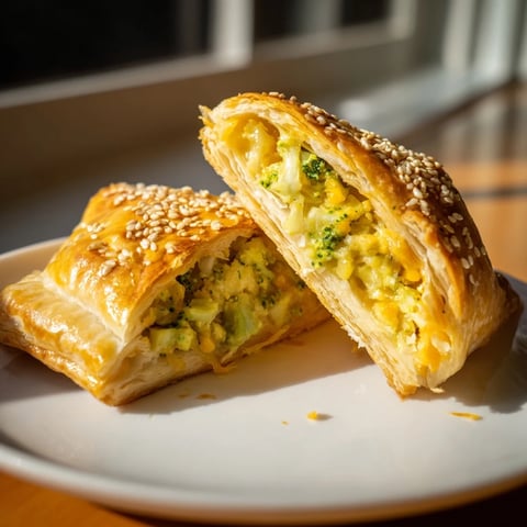 Golden brown Broccoli Cheddar Quiche-less Hand Pies with a flaky crust and savory filling.