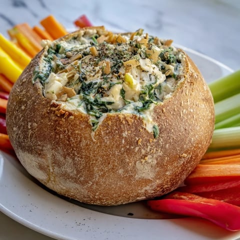 Warm, bubbling Best-Ever Spinach Dip in a crusty bread bowl, ready to dip and enjoy.
