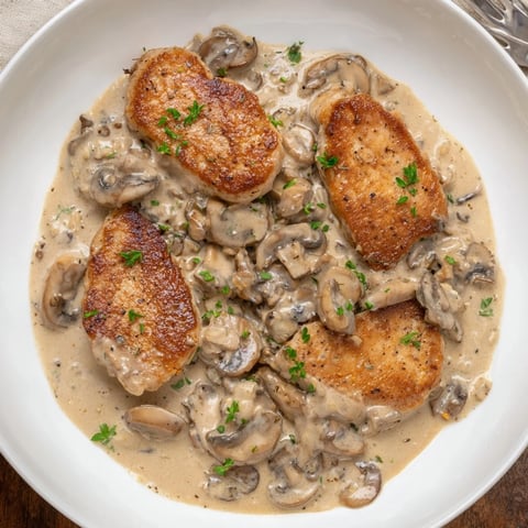 Golden-brown Stove Top Pork Chops, swimming in a creamy mushroom sauce, are ready to serve.