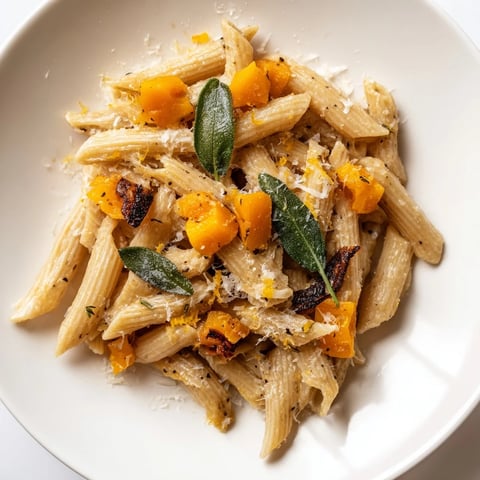 Golden brown butter pasta with butternut squash; a warm, comforting bowl of Italian goodness.