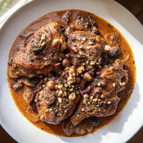Budget Fesenjan Stew with chicken thighs, glistening with a rich, dark sauce, ready to serve.